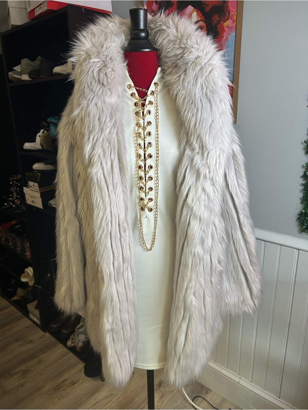 Express Light Gray Faux Fur Open-Front Coat